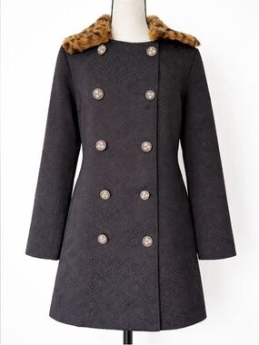 Black Brocade Leopard Collar Regal Coat Double Breasted Classic Jacket